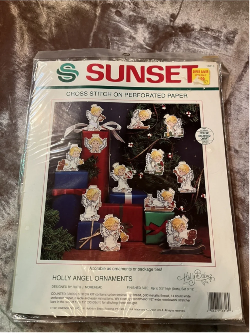 Sunset HOLLY ANGEL ORNAMENTS 1991 Perforated Paper Cross Stitch Kit Morehead